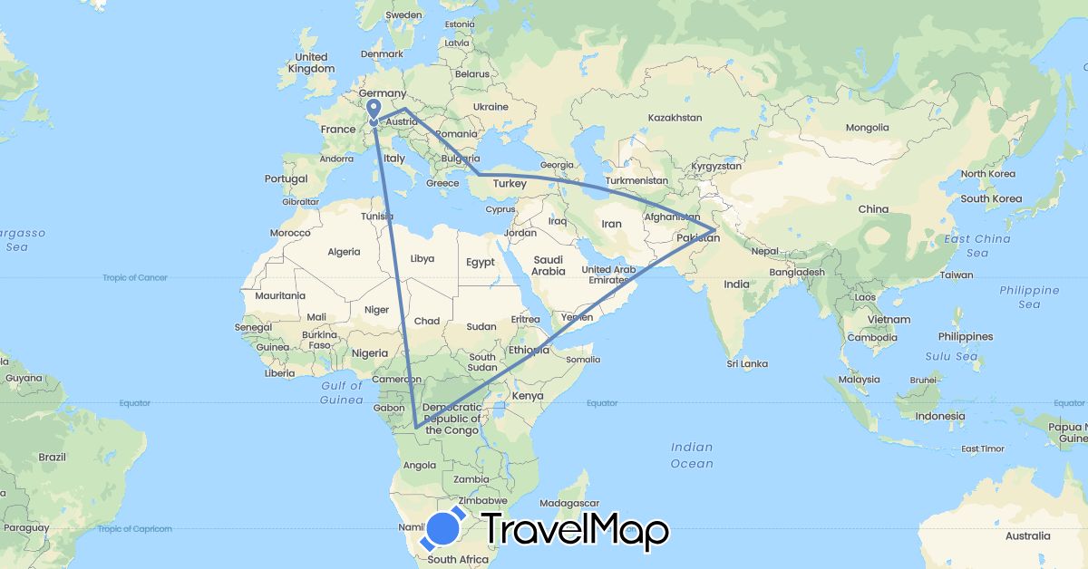 TravelMap itinerary: cycling in Austria, Democratic Republic of the Congo, Switzerland, Czech Republic, Ethiopia, Pakistan, Turkey (Africa, Asia, Europe)